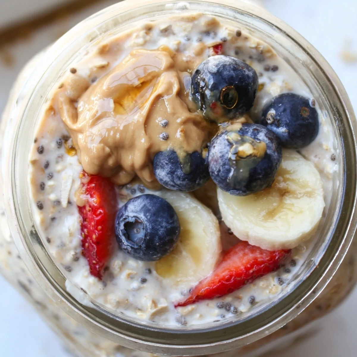 Thick and luscious protein overnight oats swirled with Greek yogurt and honey