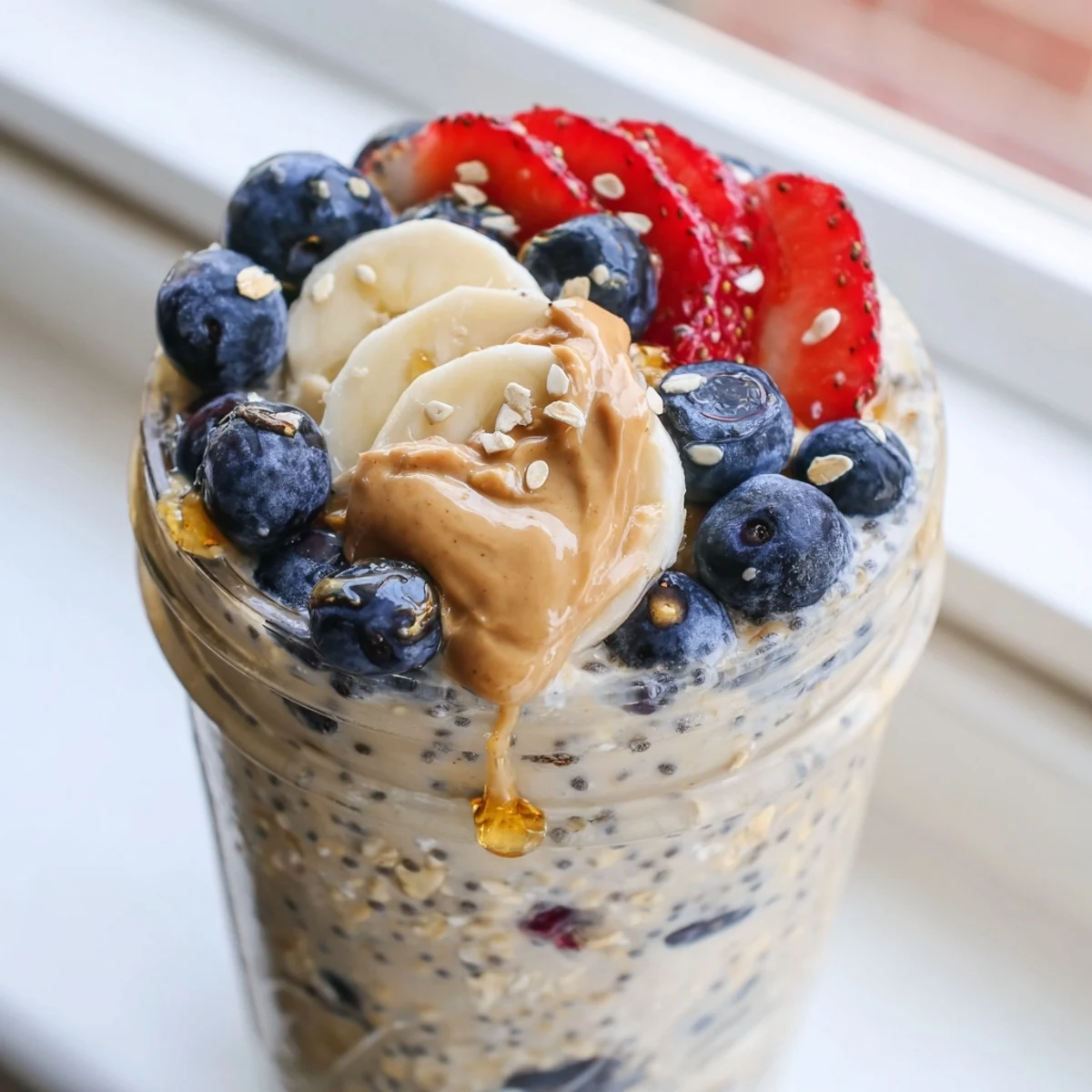 Creamy protein overnight oats topped with fresh berries in a glass jar
