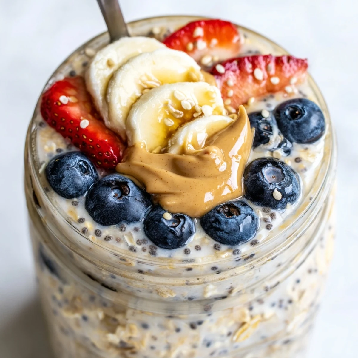 Protein overnight oats layered with sliced banana and a drizzle of almond butter