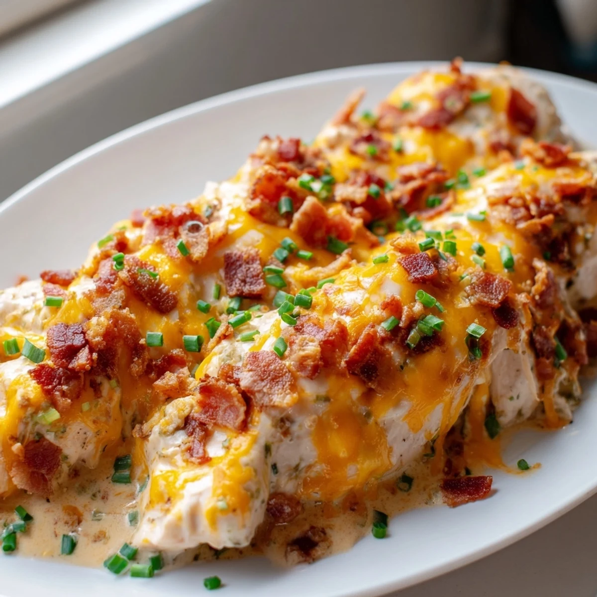 Golden bubbling baked crack chicken with crispy bacon and melted cheddar cheese