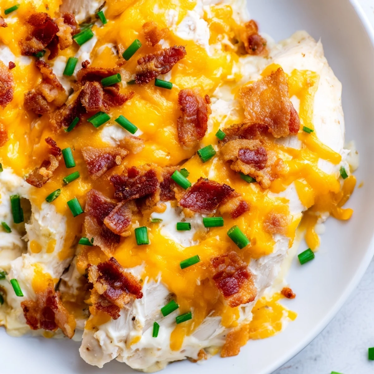 Creamy baked crack chicken topped with ranch-seasoned bacon in a cast iron skillet