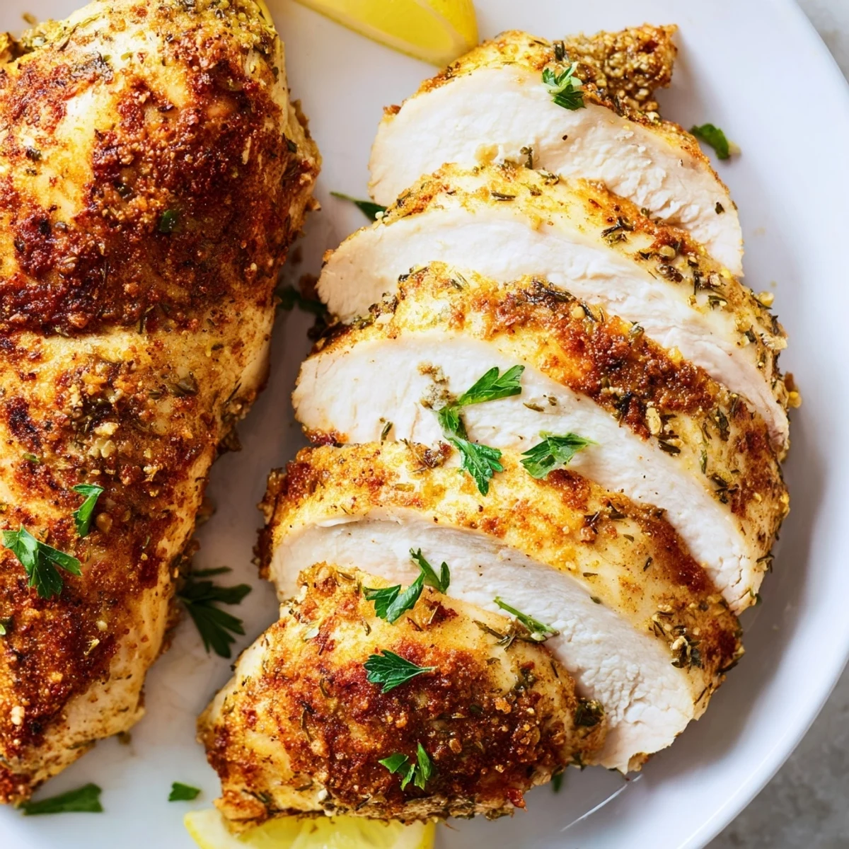Golden oven baked chicken breasts with herb seasoning on a rustic baking sheet