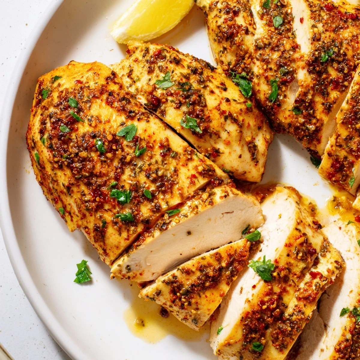 Juicy oven baked chicken breasts sliced open garnished with fresh chopped parsley