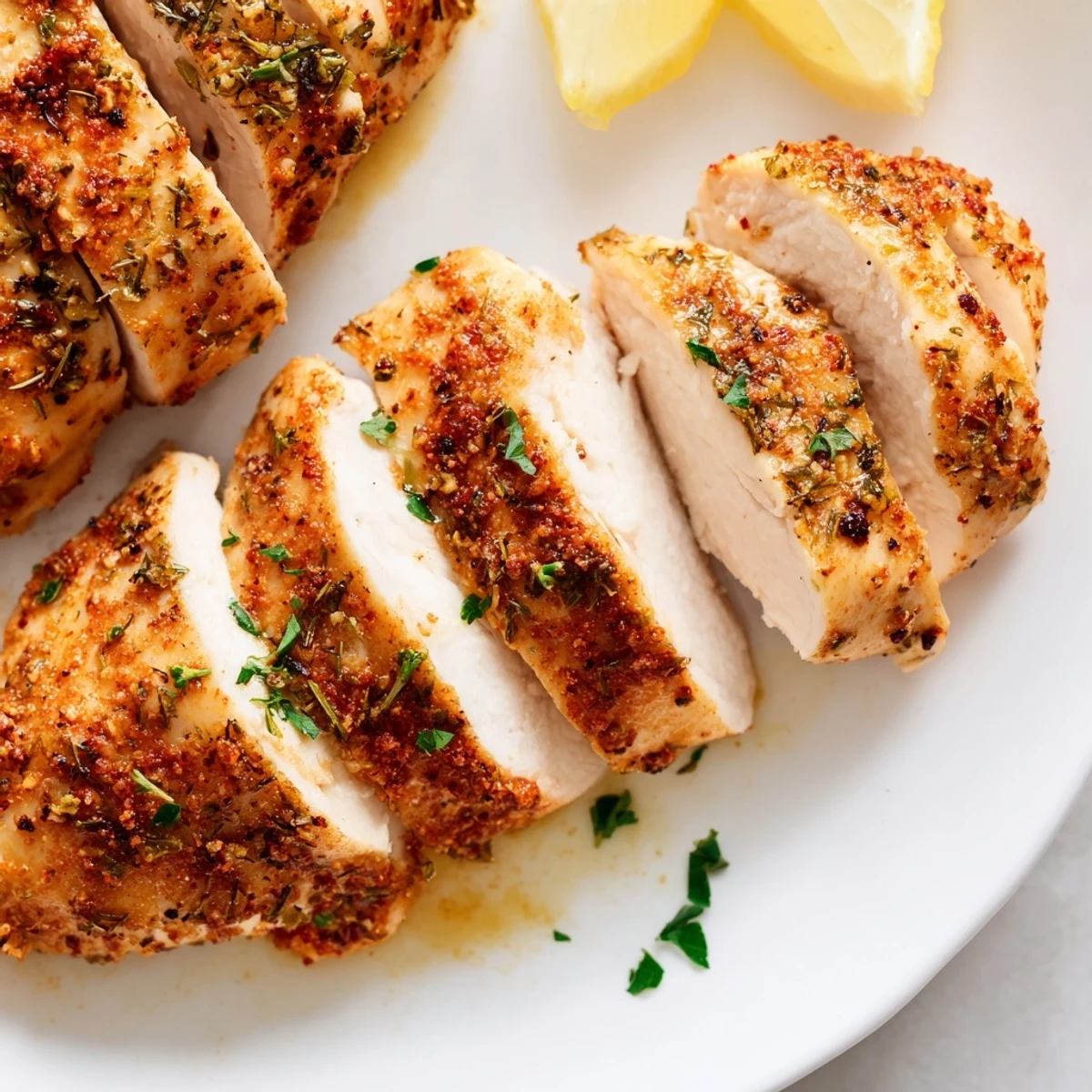 Perfectly cooked oven baked chicken breasts served alongside roasted vegetables and lemon wedges