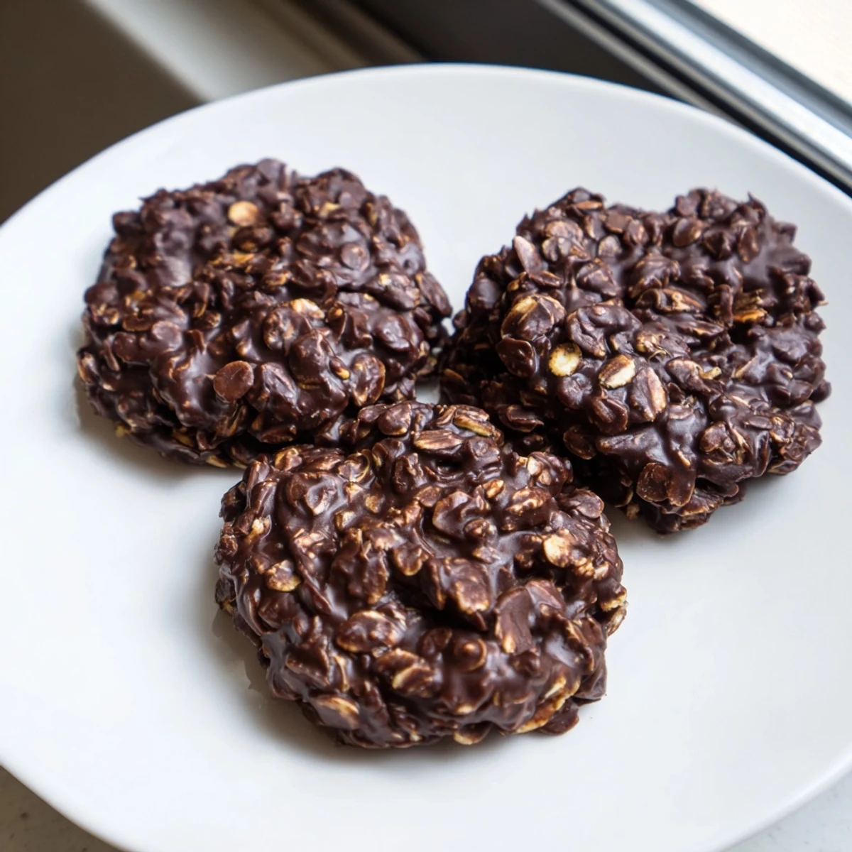 Glossy Chocolate Oatmeal No Bake Cookies studded with hearty oats and drizzled peanut butter