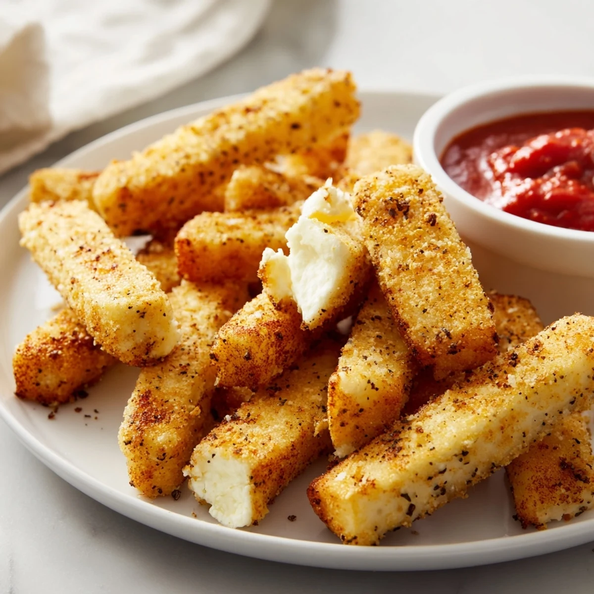 Golden baked cottage cheese fries arranged on parchment with a side of marinara dip