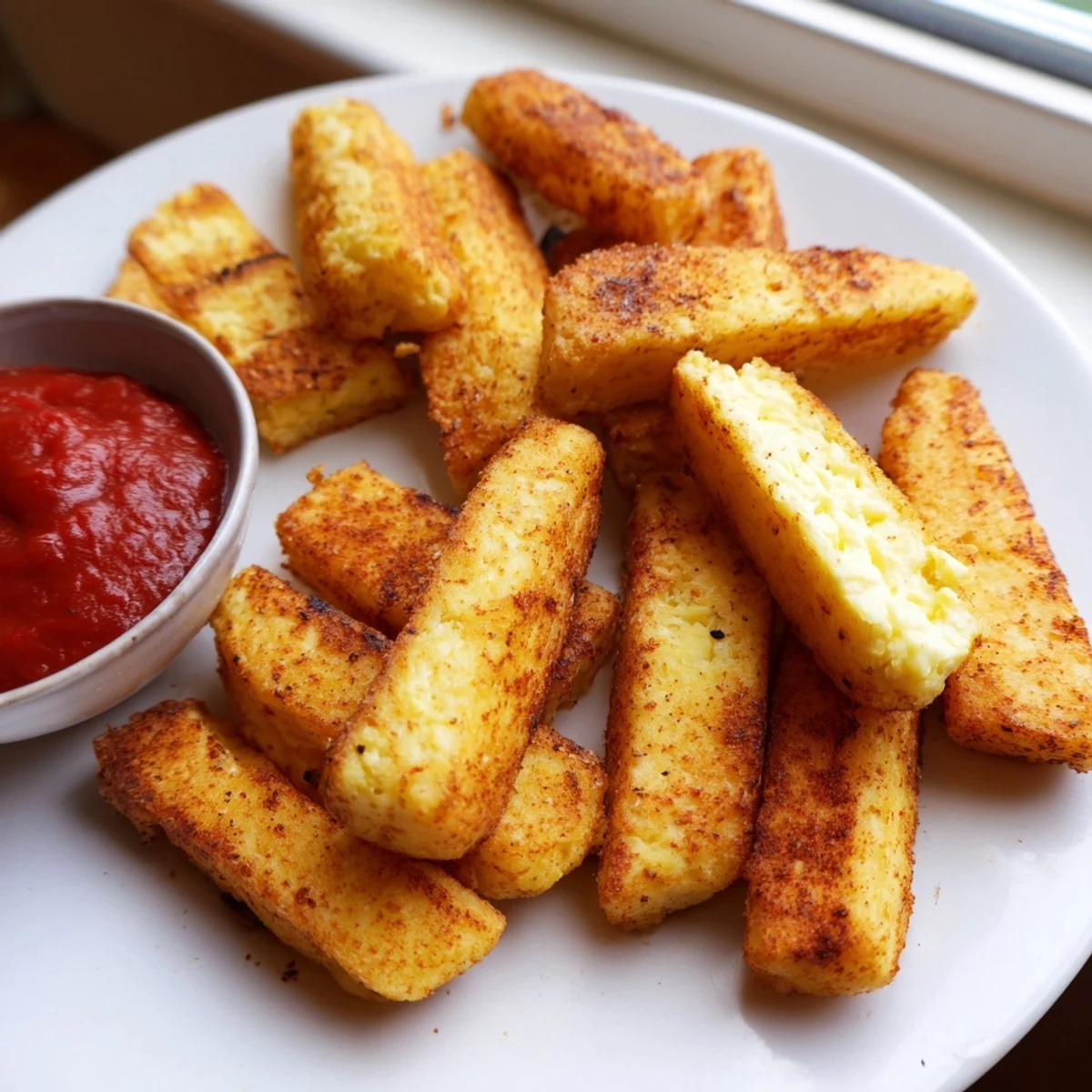 Crispy baked cottage cheese fries fresh from the oven on a rustic baking sheet