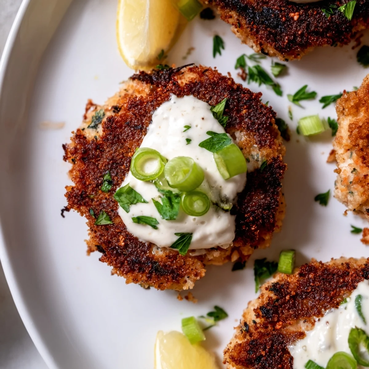Golden lemon garlic Alaska salmon cakes drizzled with creamy aioli on a rustic plate