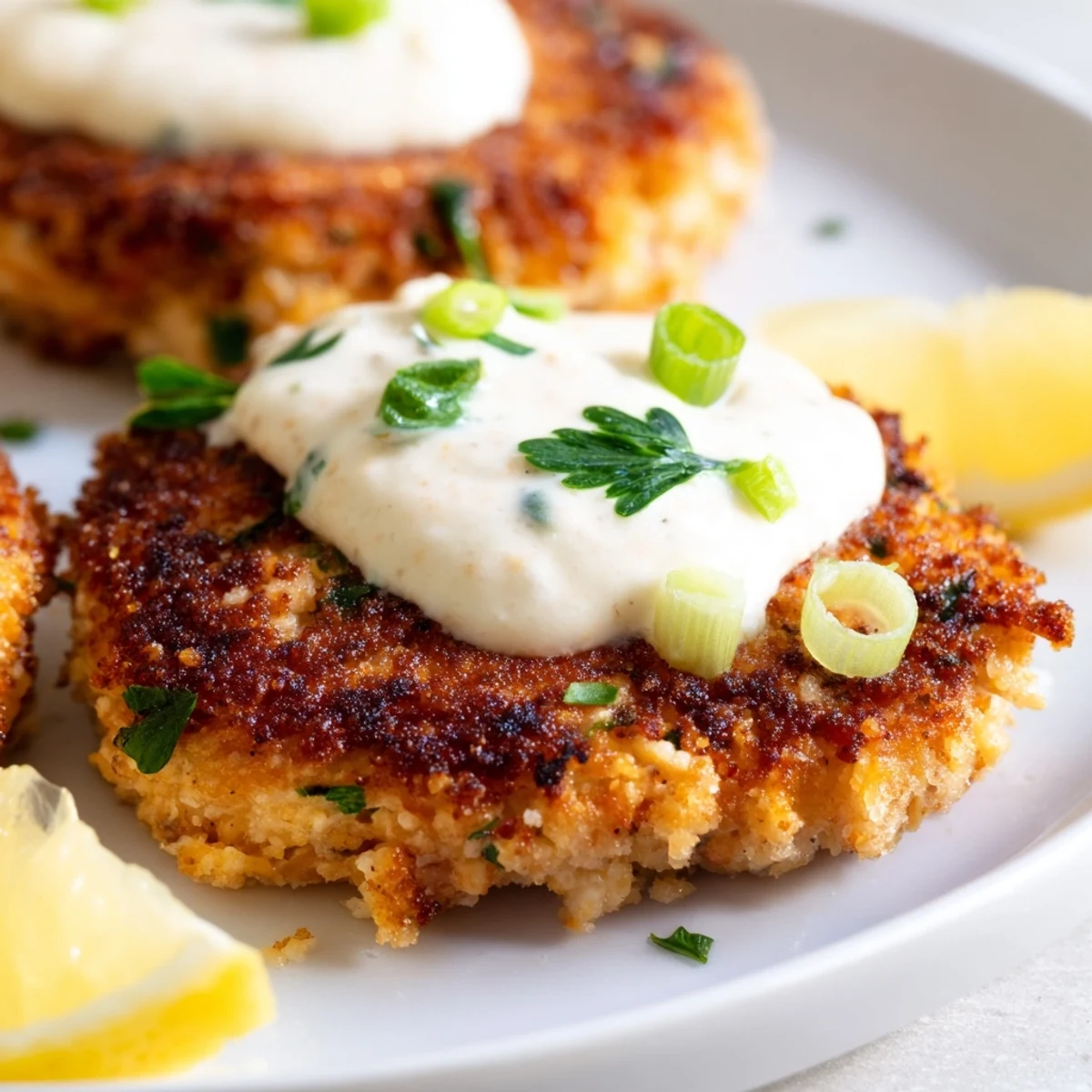 Crispy lemon garlic Alaska salmon cakes served with tangy white dipping sauce and parsley garnish