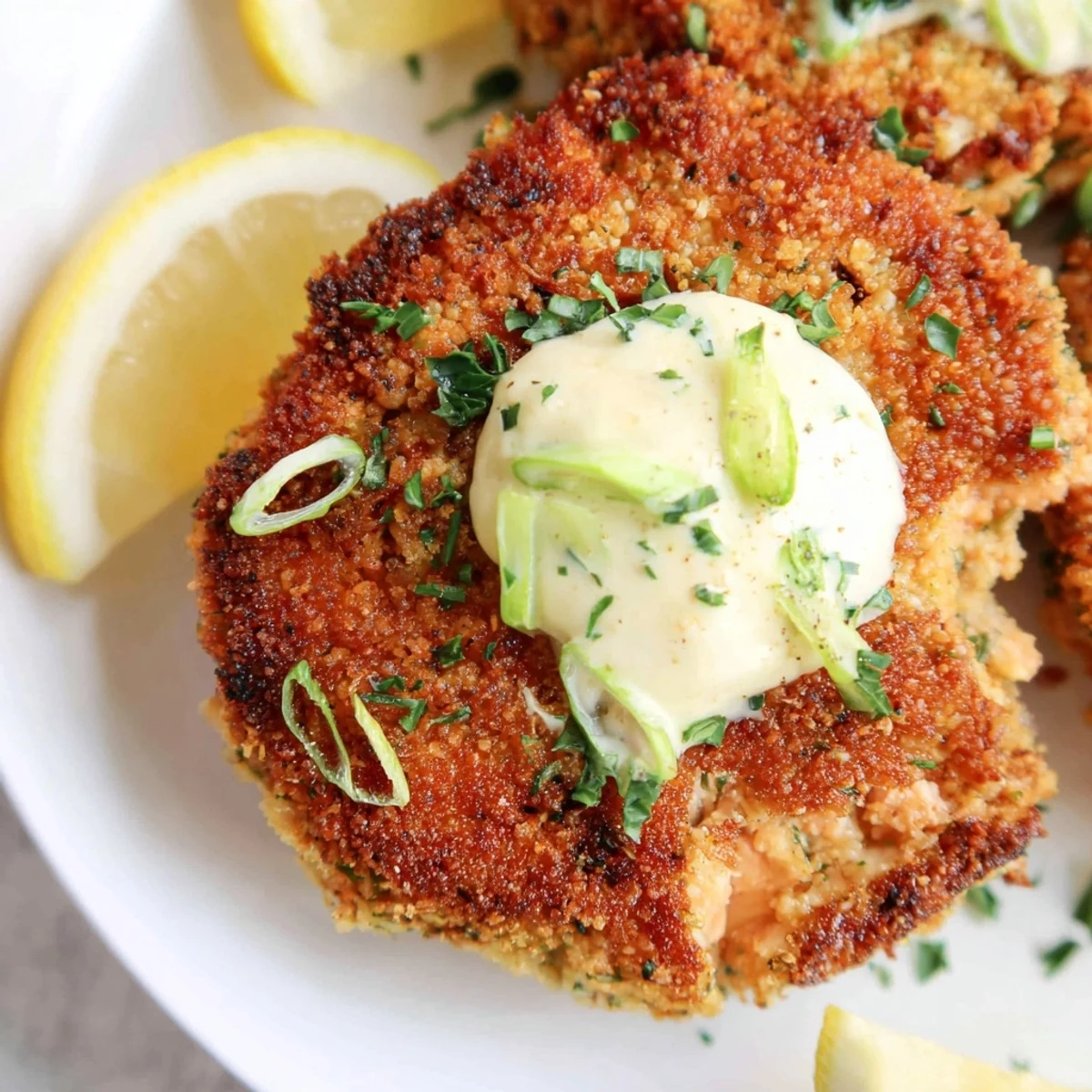 Pan-fried lemon garlic Alaska salmon cakes nestled beside a smooth aioli with fresh lemon wedges