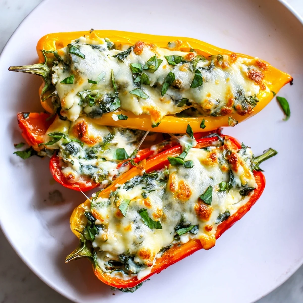 Golden baked ricotta stuffed peppers with bubbling mozzarella and fresh herbs