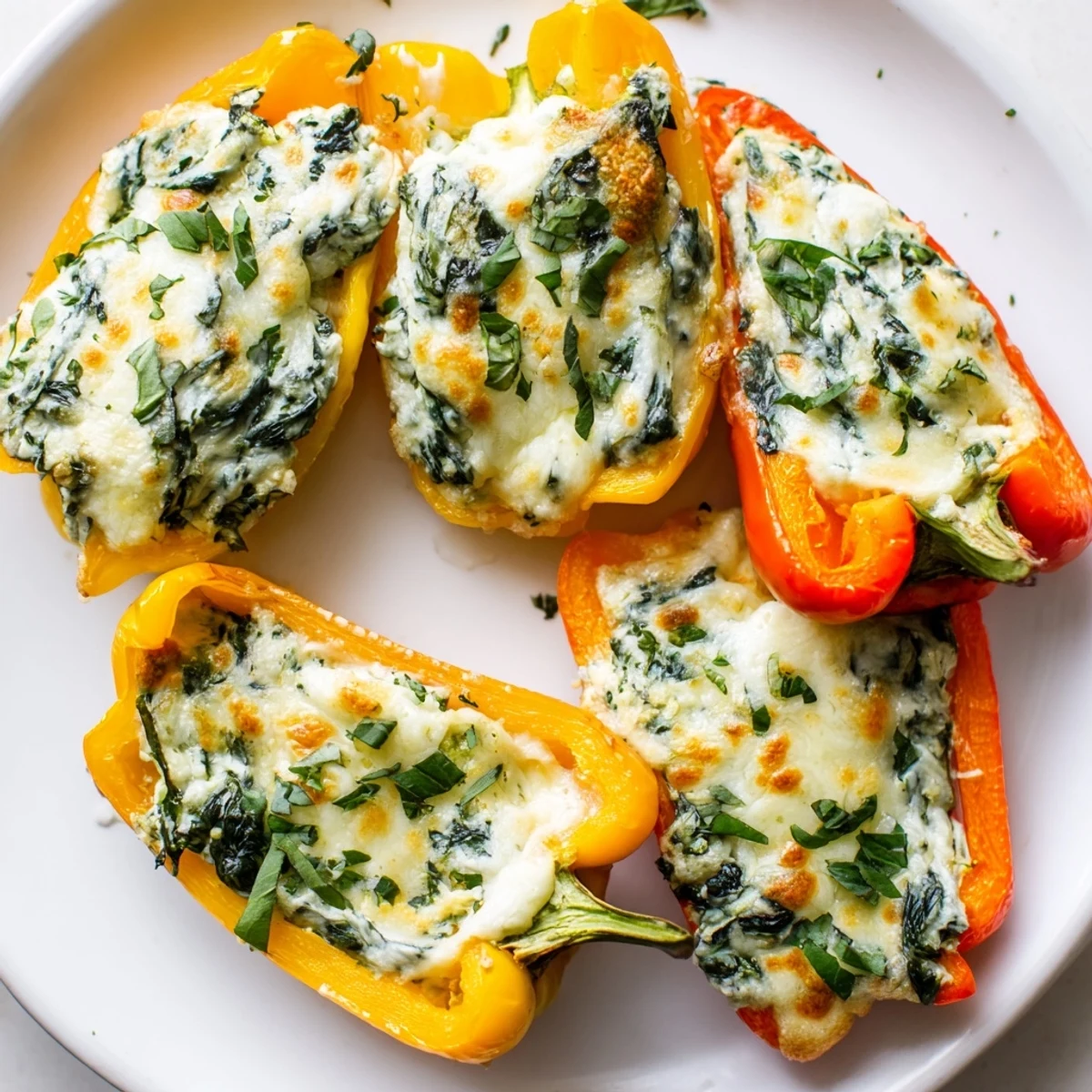 Ricotta stuffed peppers topped with melted cheese served in a rustic baking dish