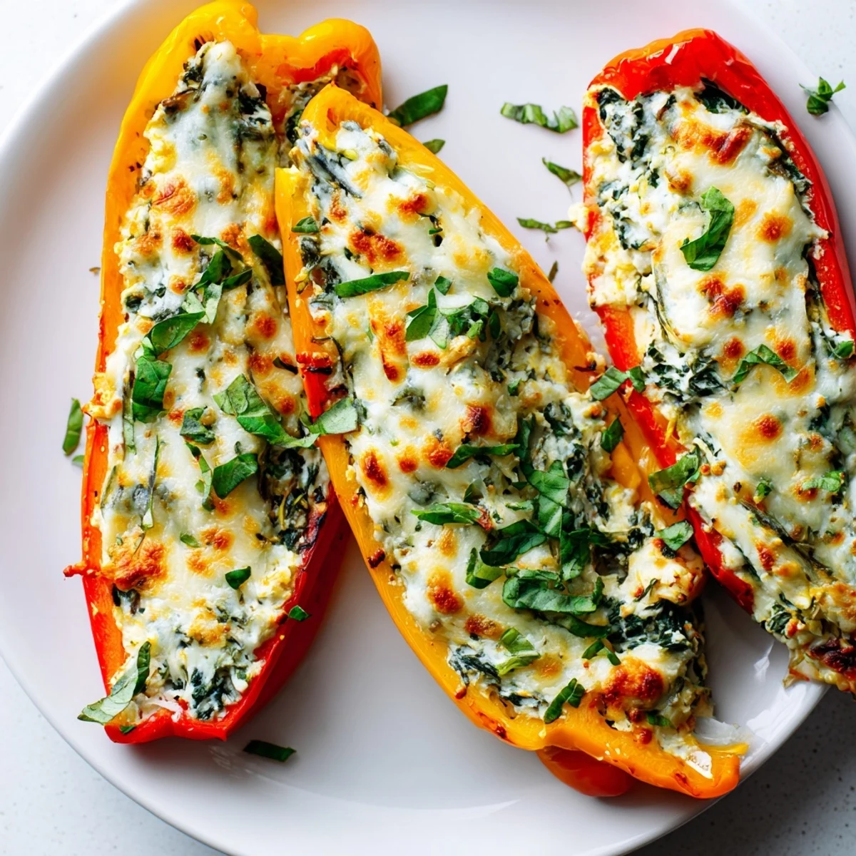Vibrant roasted bell peppers filled with creamy herbed ricotta and wilted spinach
