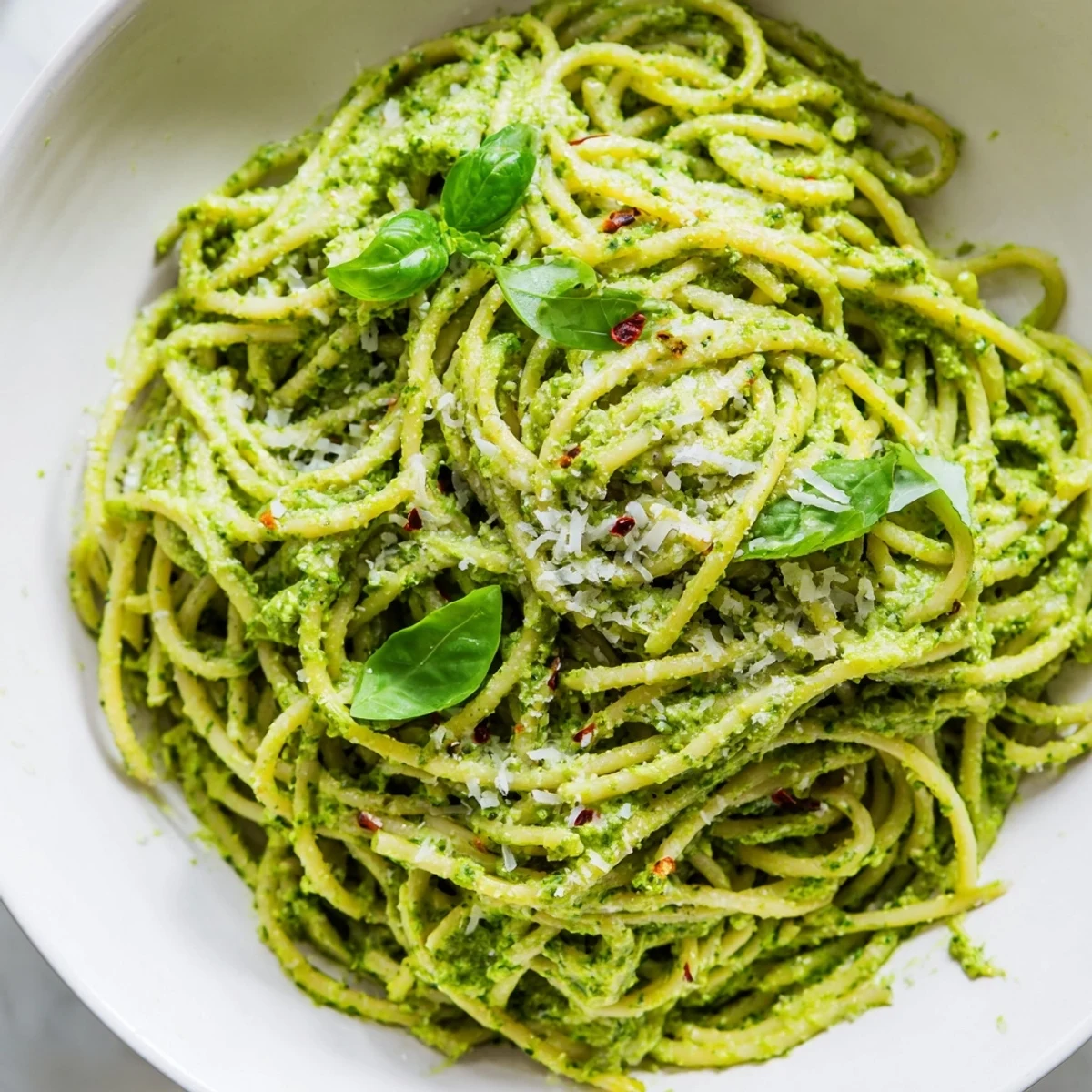 Creamy green goddess pasta sauce coated over tender noodles with fresh herb garnish