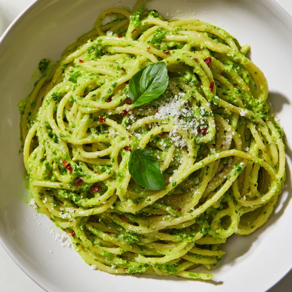 Vibrant green goddess pasta sauce blended with avocado basil and a lemony finish