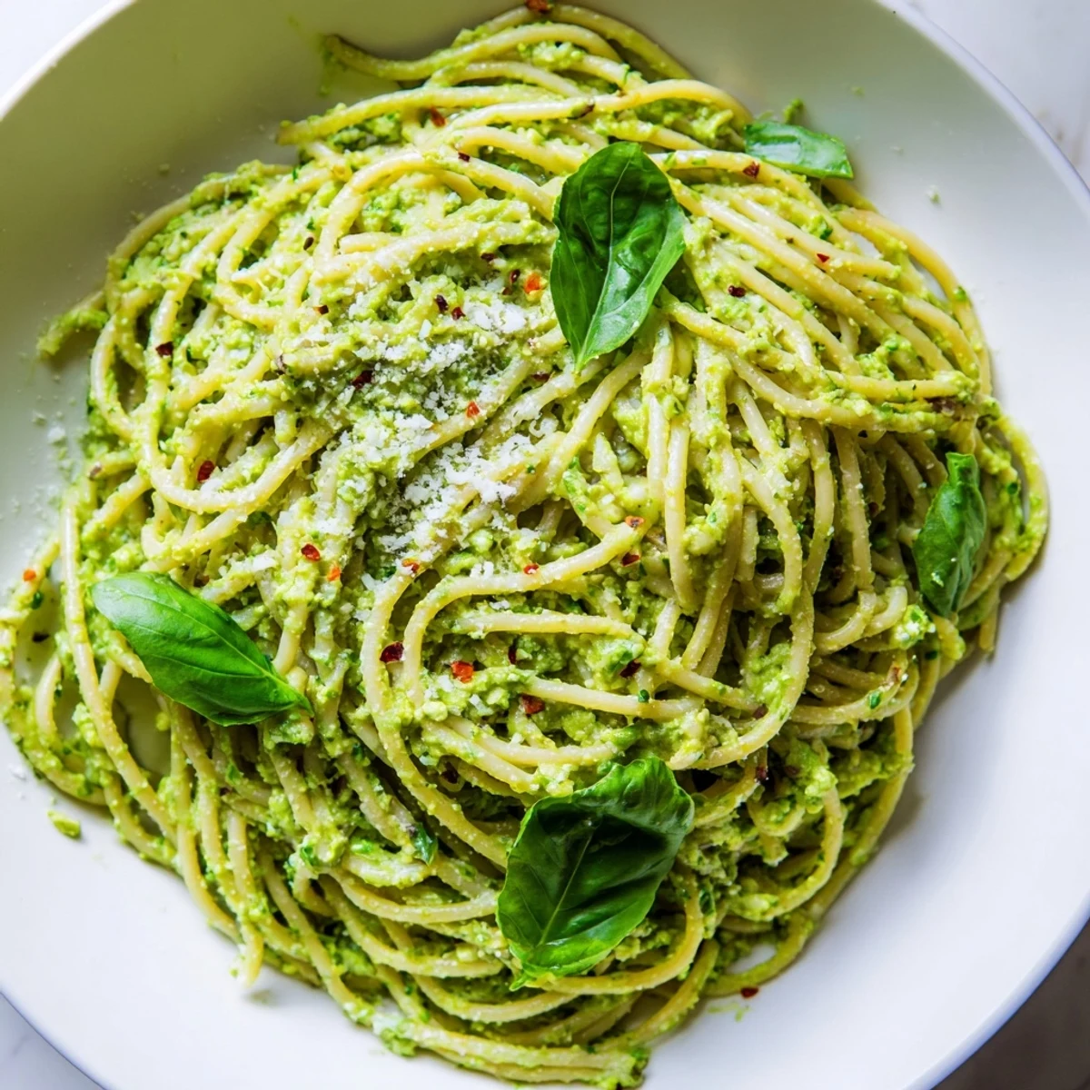 Smooth green goddess pasta sauce tossed with hot penne and sprinkled with Parmesan