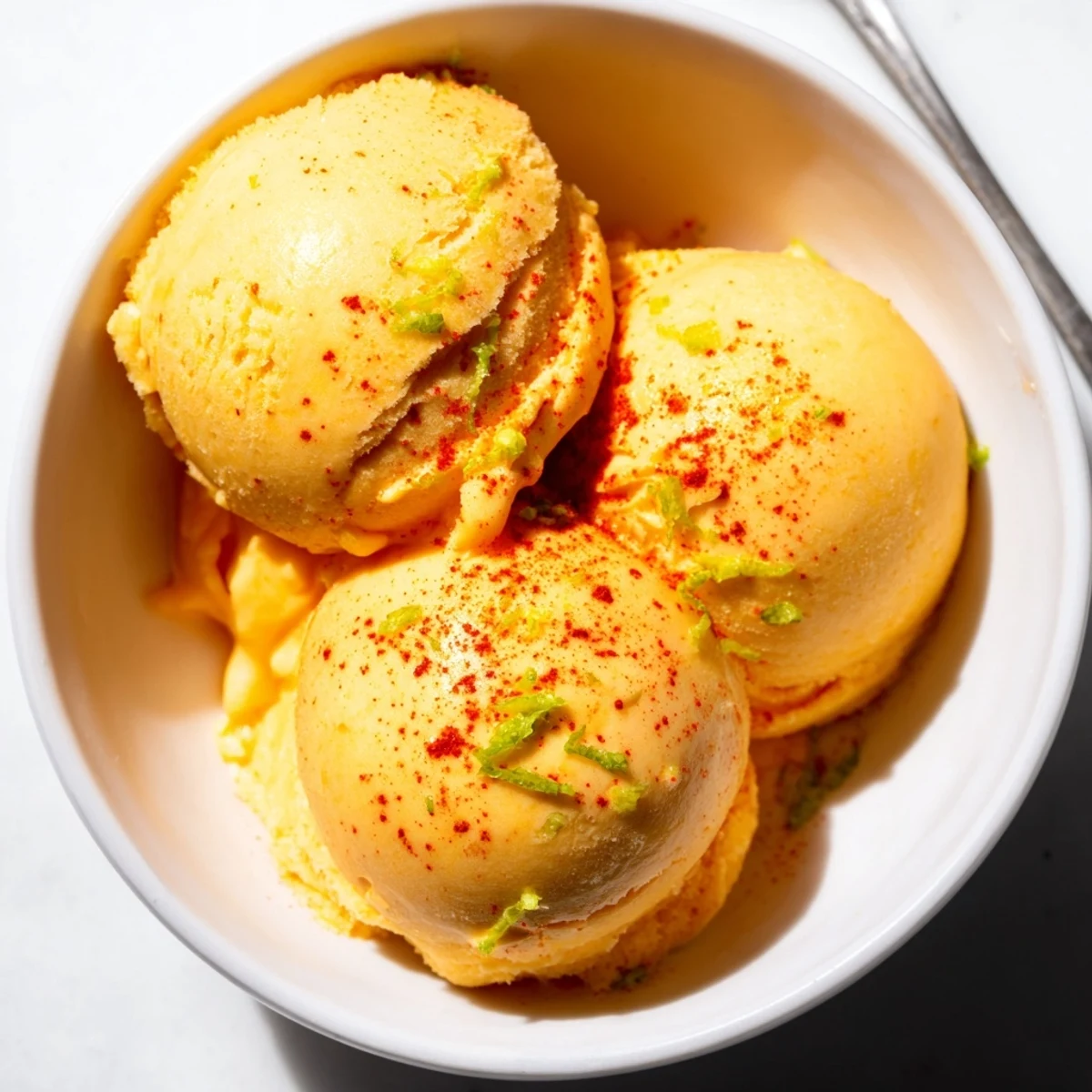 Smooth golden scoop of creamy chili lime mango sorbet garnished with mint