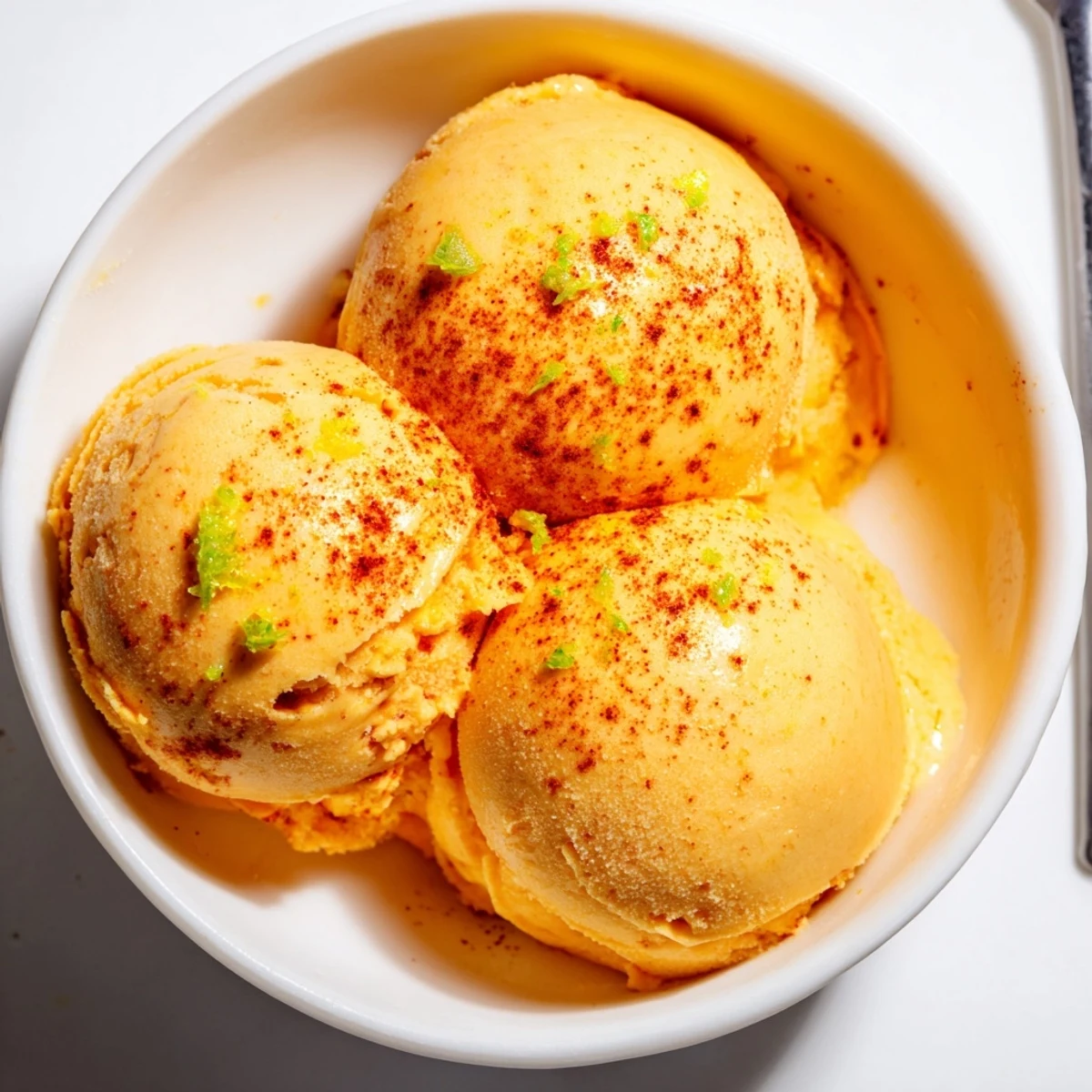 Creamy chili lime mango sorbet scooped into bowls with fresh lime wedges