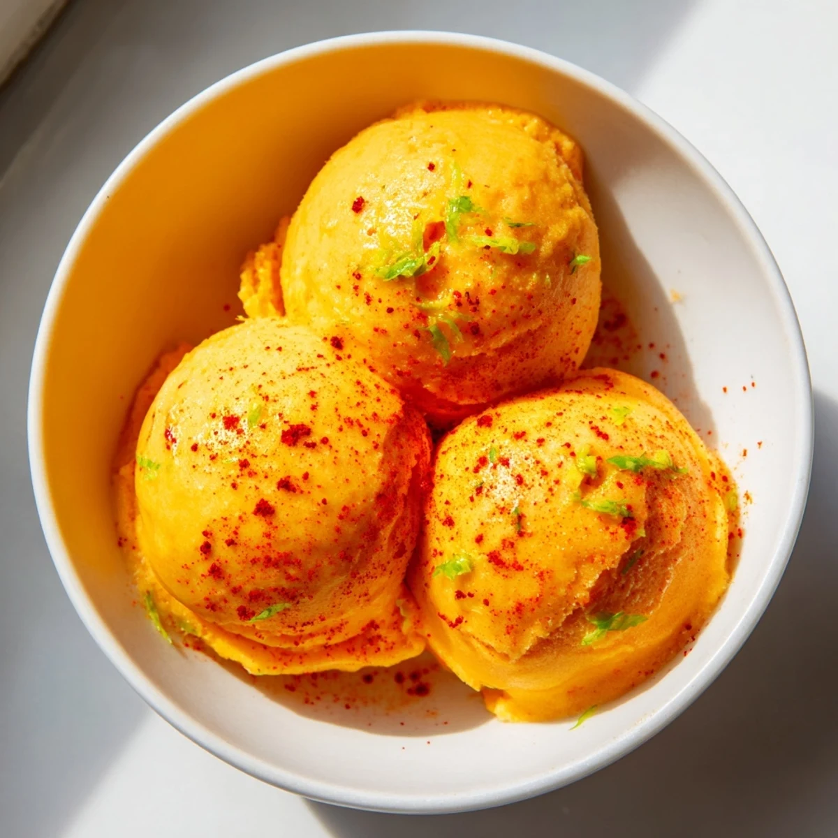 Tropical creamy chili lime mango sorbet melting softly in a waffle cone