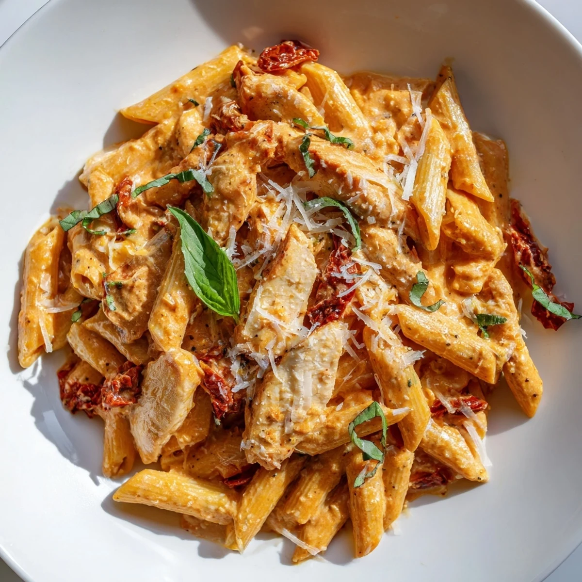 Creamy Sun Dried Tomato Marry Me Chicken Pasta topped with fresh basil and Parmesan