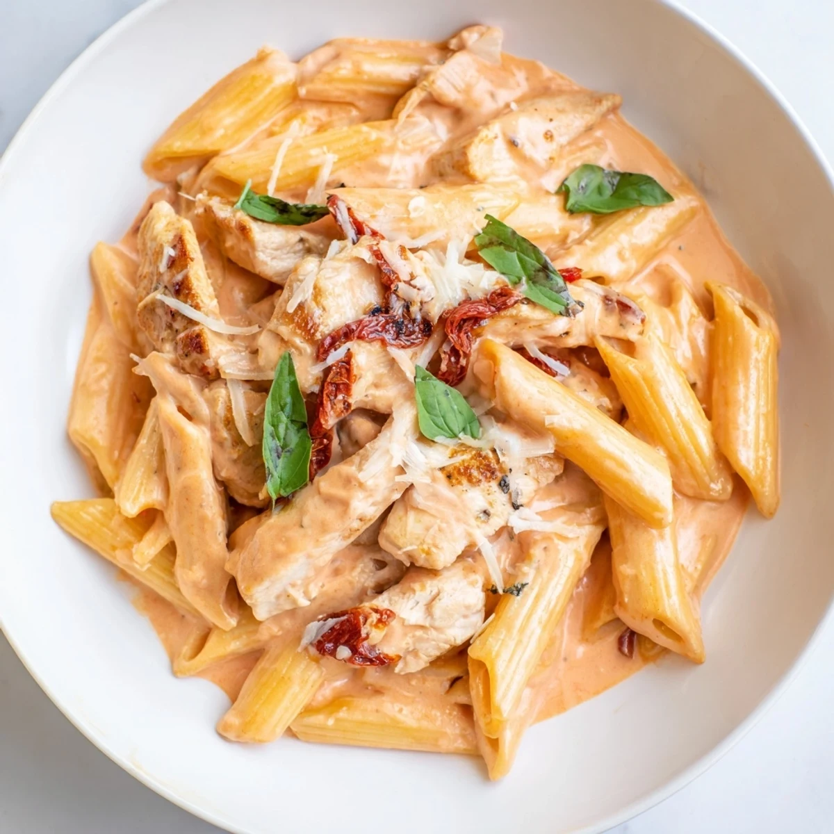 Golden sliced chicken nestled in creamy Sun Dried Tomato Marry Me Chicken Pasta