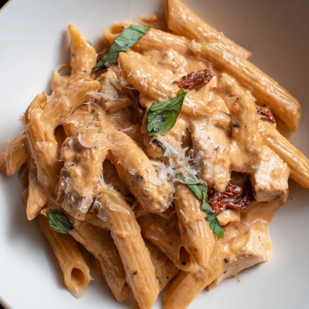 Steaming bowl of Sun Dried Tomato Marry Me Chicken Pasta with rich garlic cream sauce