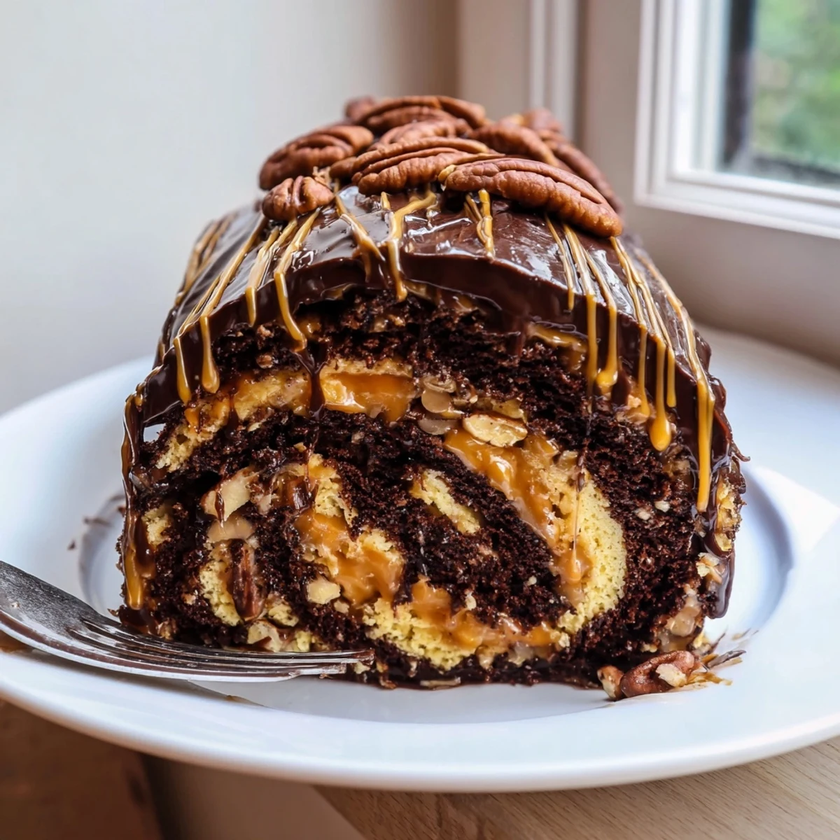 Gooey Chocolate Caramel Turtle Cake Roll drizzled with glossy ganache and toasted pecans