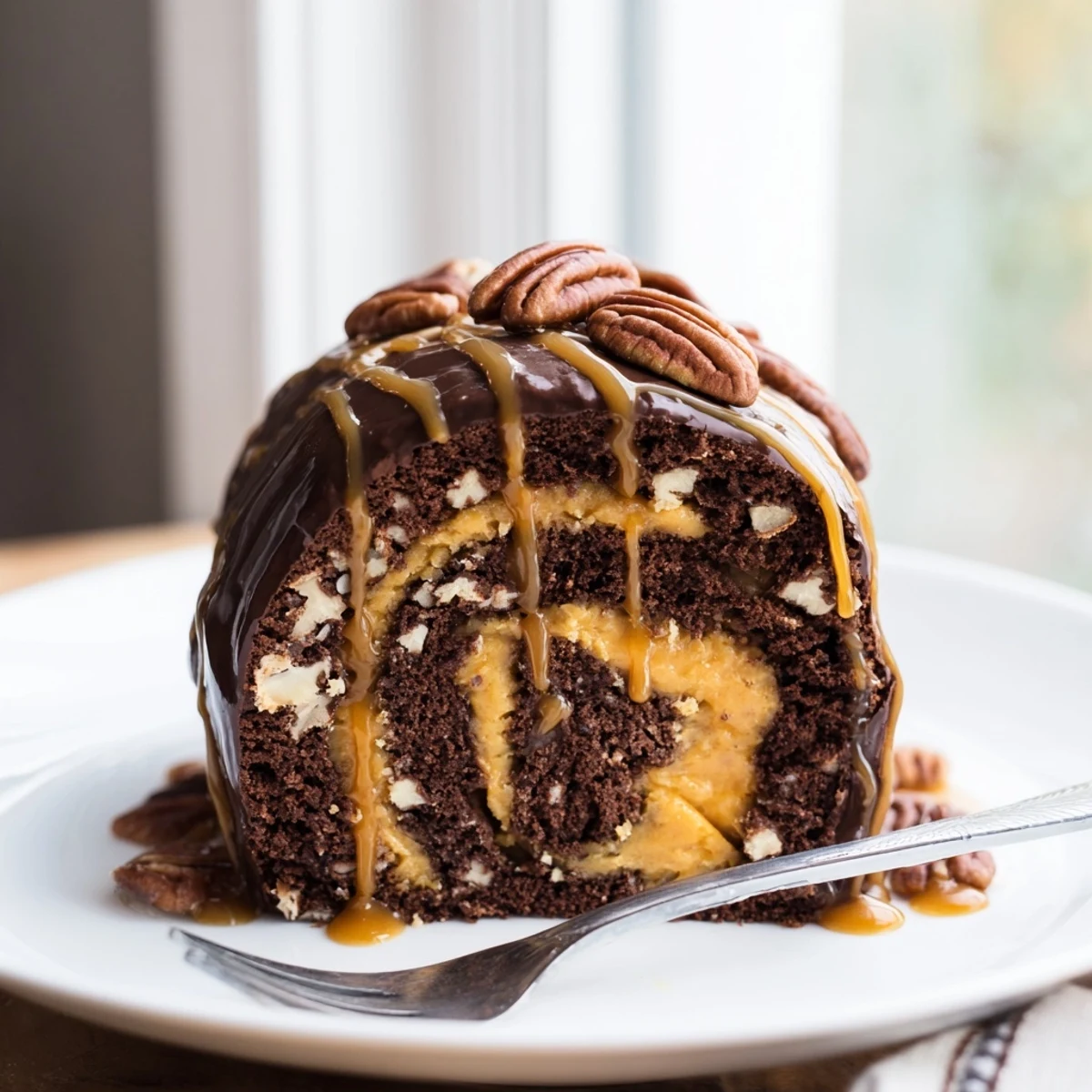 Gooey Chocolate Caramel Turtle Cake Roll with rich caramel oozing from every tender spiral