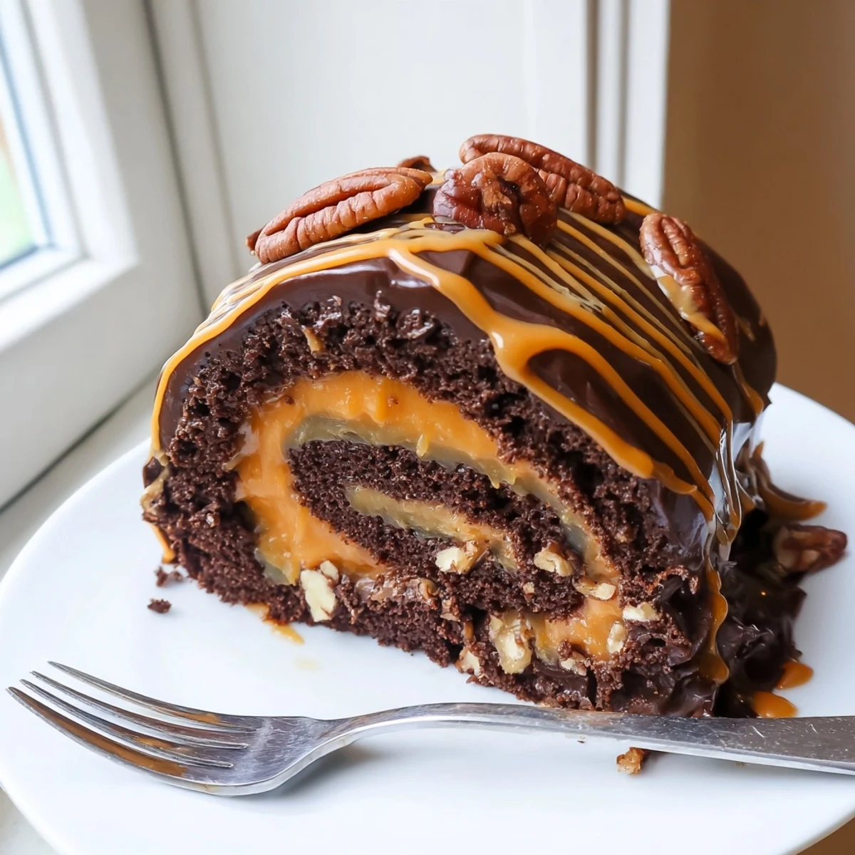 A slice of Gooey Chocolate Caramel Turtle Cake Roll on a dessert plate