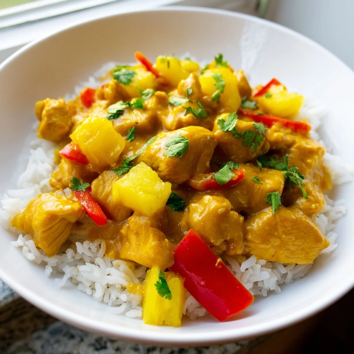 Golden tropical chicken with pineapple and peppers in creamy coconut lime sauce