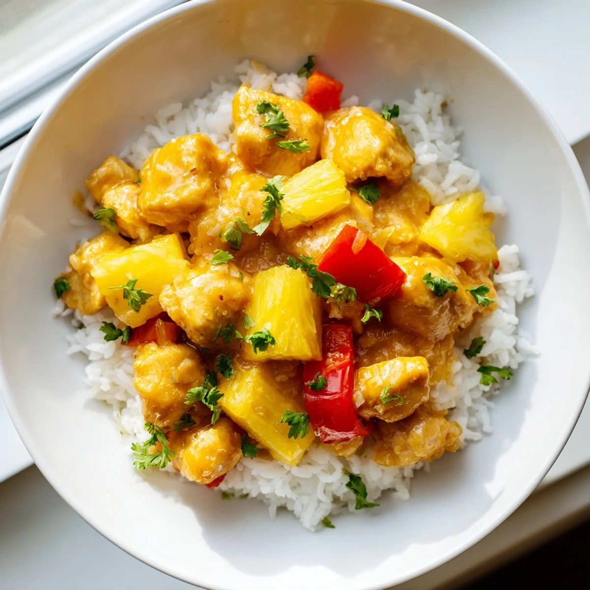 Juicy chicken simmered in coconut milk with colorful peppers and fresh pineapple chunks