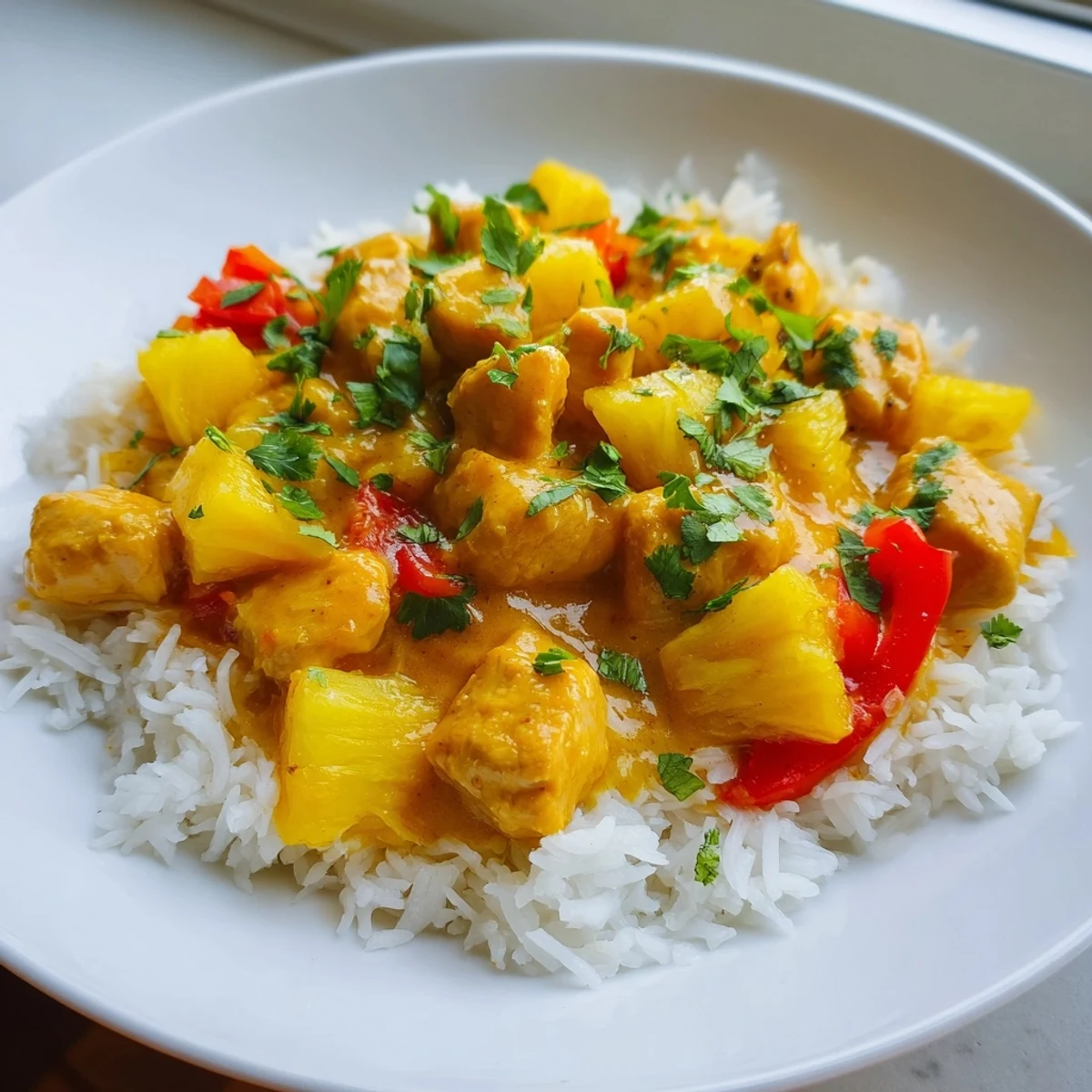 Tropical Dinner Delight served over jasmine rice garnished with cilantro and lime wedges