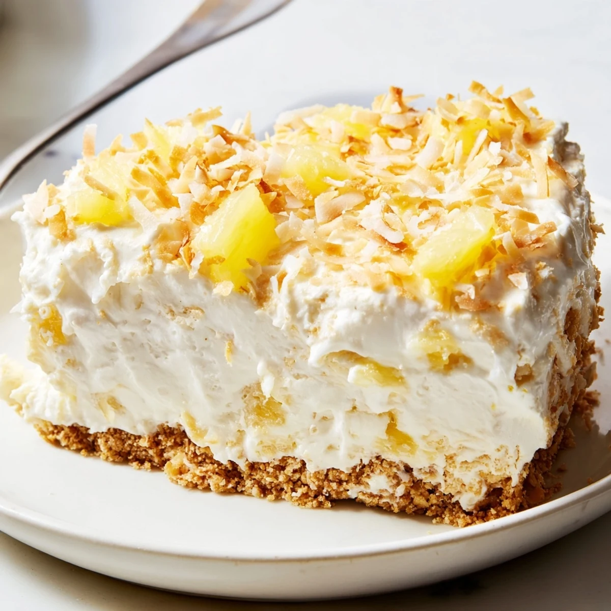 Creamy no bake pineapple coconut cream cake sliced and topped with golden toasted coconut flakes