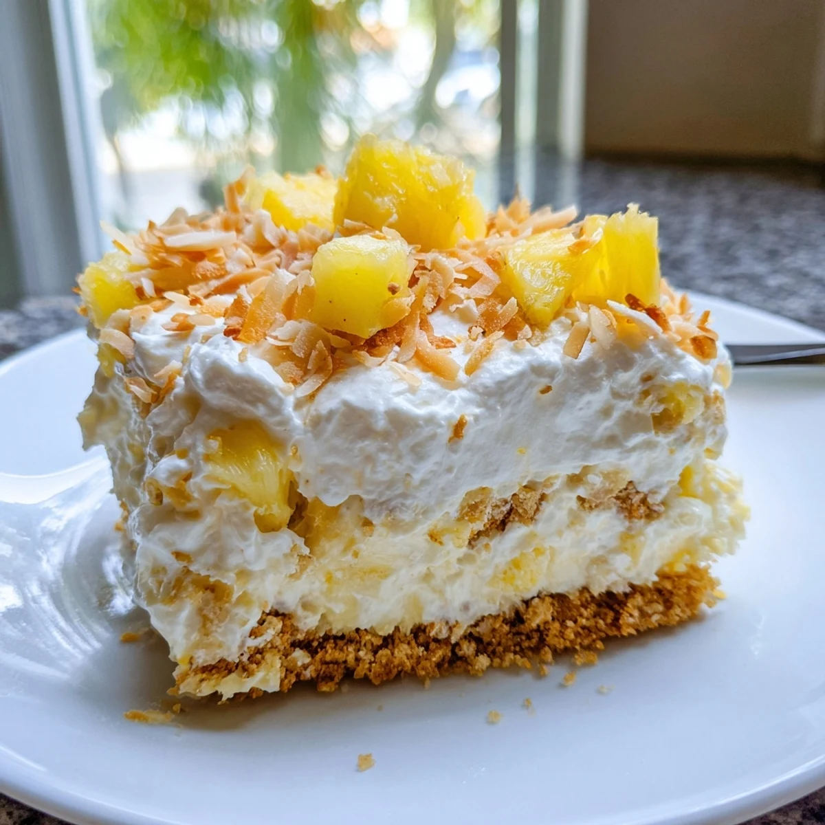 Tall slice of no bake pineapple coconut cream cake showing fluffy white filling on a cookie base