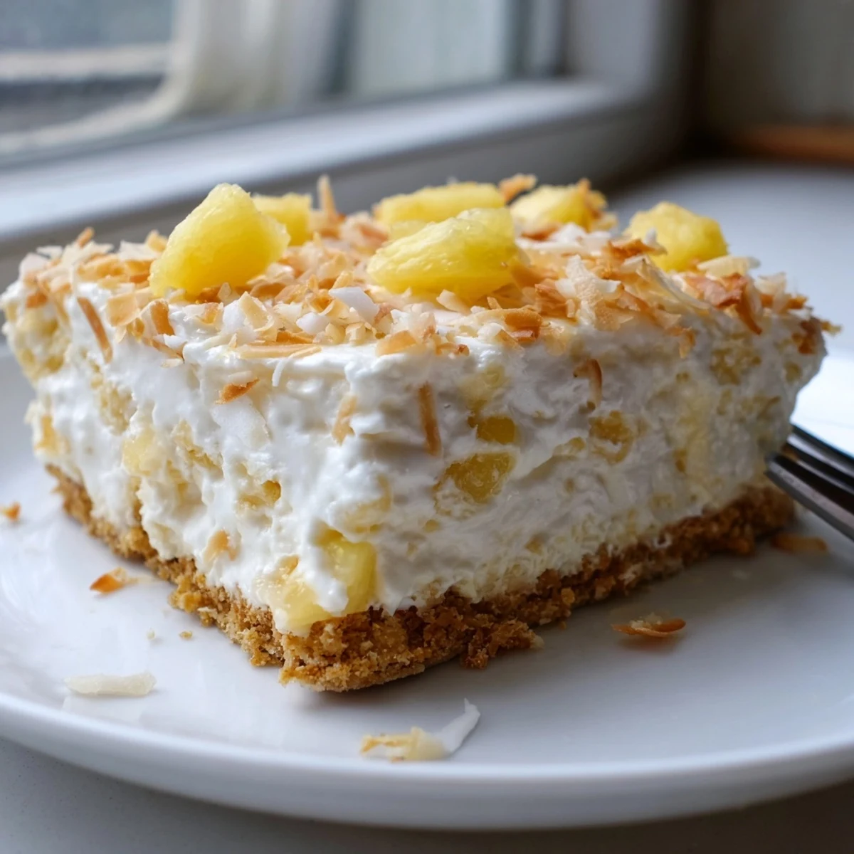 Chilled no bake pineapple coconut cream cake with a thick graham cracker crust and juicy pineapple chunks