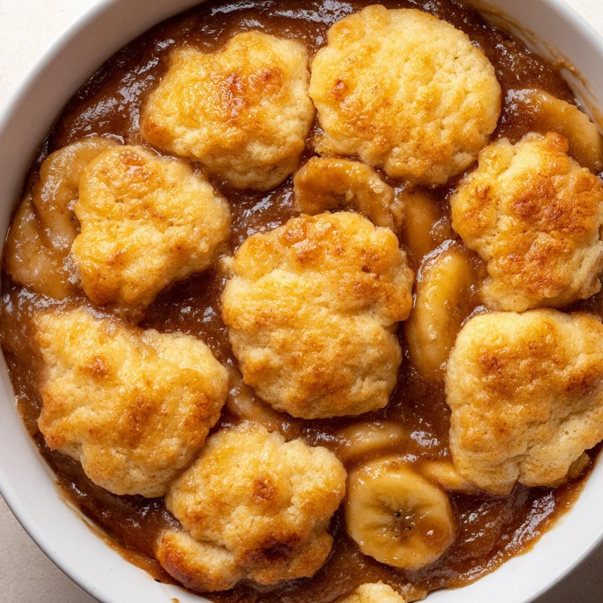 Golden Southern banana cobbler fresh from the oven with bubbling caramelized fruit
