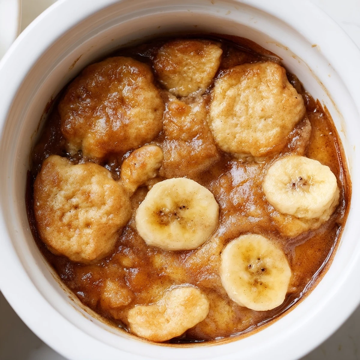 Warm Southern banana cobbler served in a rustic dish with melted buttery crust