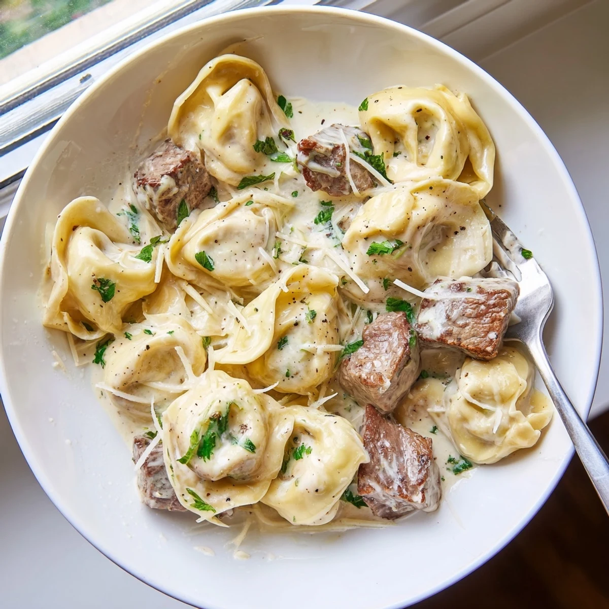 Garlic Steak Tortellini in creamy Parmesan sauce topped with fresh parsley