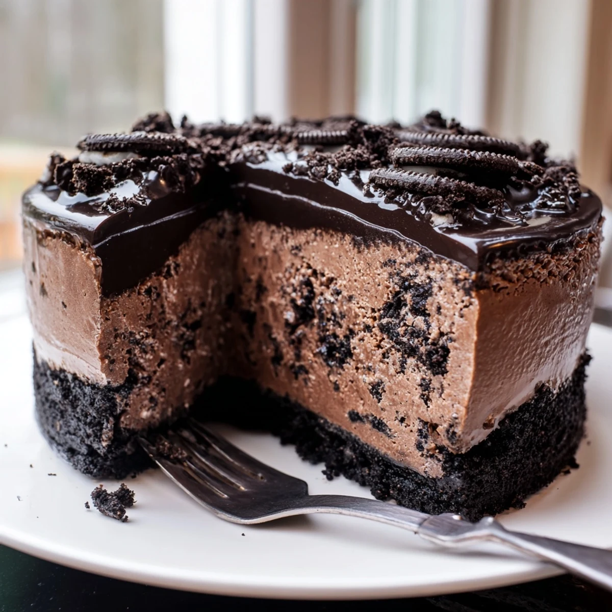 Creamy Oreo chocolate cheesecake sliced and drizzled with rich dark ganache on a dessert plate