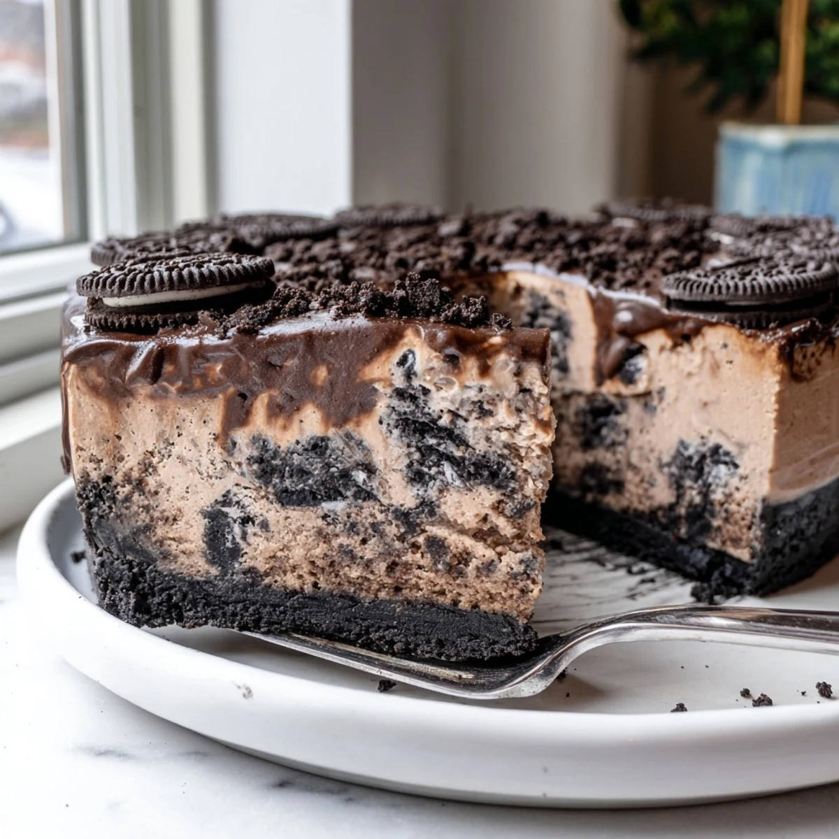Decadent Oreo chocolate cheesecake with a cookie crumb crust topped with crushed Oreos and glossy ganache