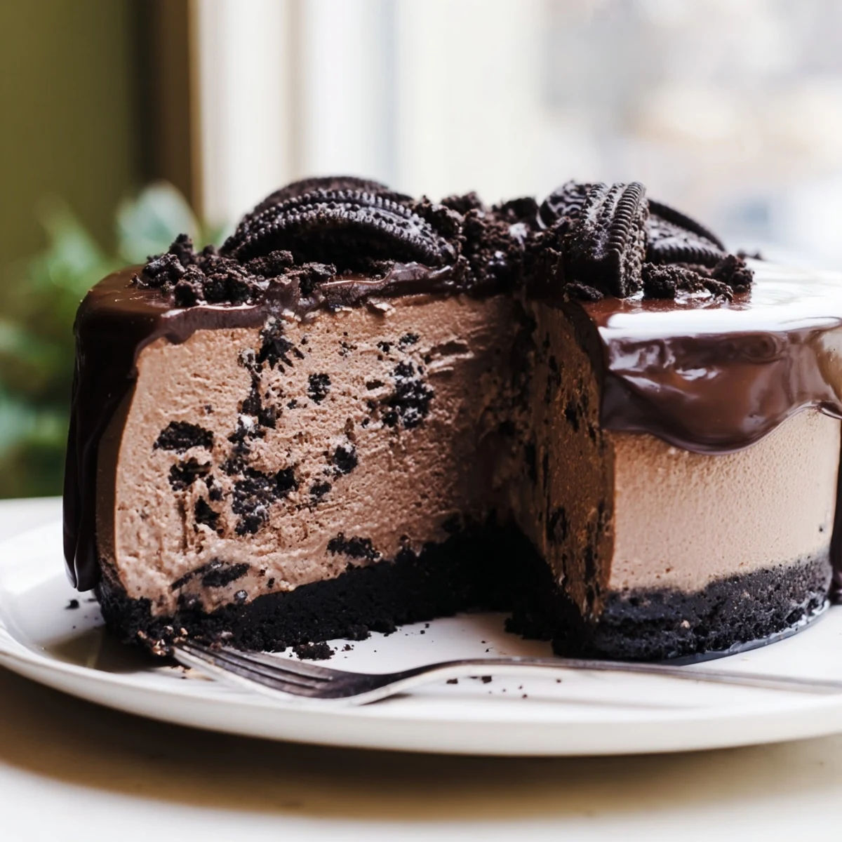 Smooth chocolate cheesecake with Oreo crust served on a white plate with fresh berry garnish