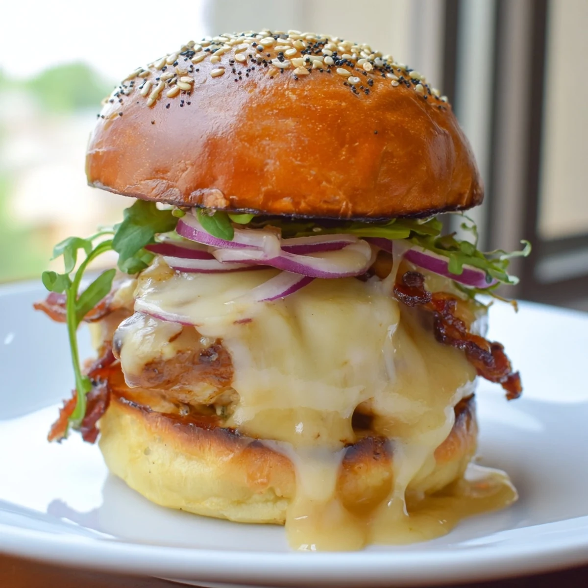 Golden maple chicken bacon sliders stacked on toasted buns with melted cheddar and fresh greens