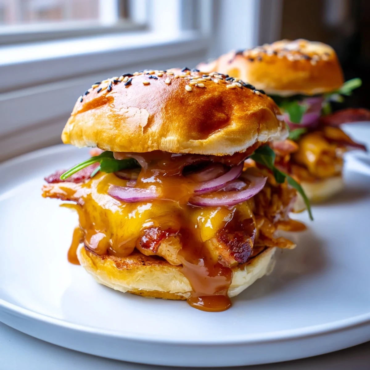 Crispy bacon and glazed chicken tucked into buttery slider buns drizzled with sweet maple sauce