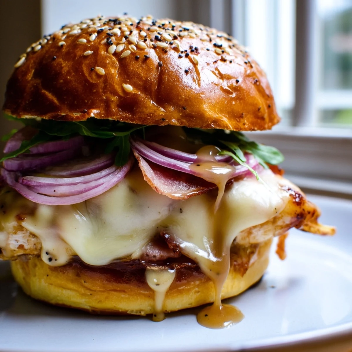 Close-up of maple chicken bacon sliders topped with arugula red onion and a glossy maple glaze