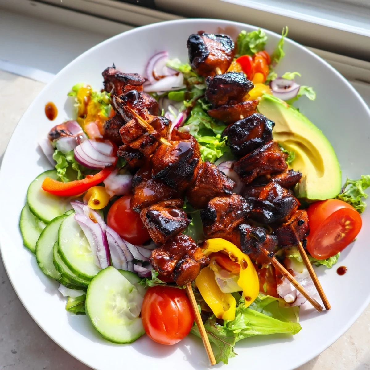 Smoky BBQ chicken skewers resting on a bed of crisp, colorful summer salad greens