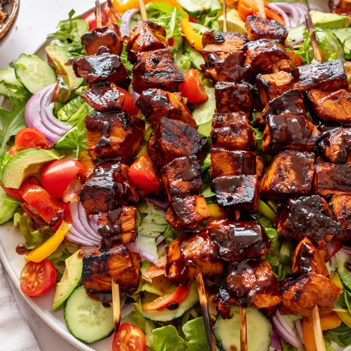 Juicy grilled BBQ chicken skewers arranged over fresh vegetables with tangy honey mustard dressing