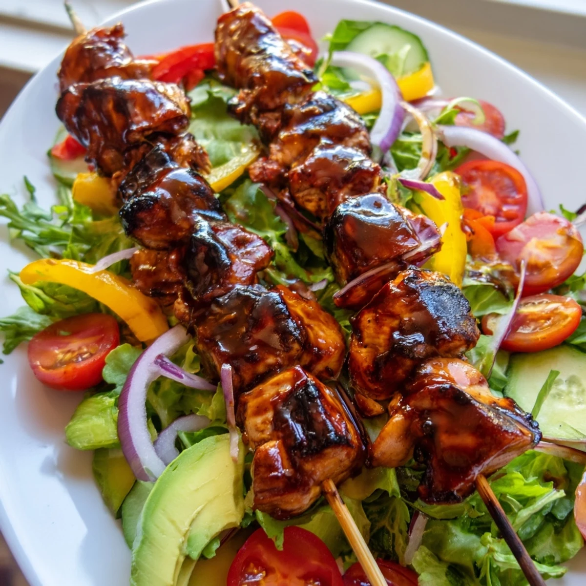 Charred BBQ chicken skewers nestled atop vibrant bell peppers, avocado, and ripe cherry tomatoes