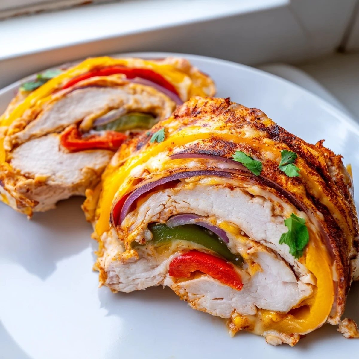 Golden baked chicken fajita roll ups with melted cheese and colorful bell peppers on a ceramic baking dish