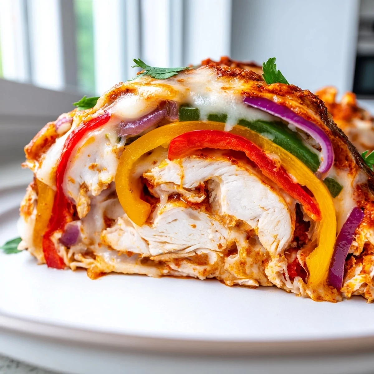 Juicy baked chicken fajita roll ups garnished with fresh cilantro and lime wedges on a rustic plate