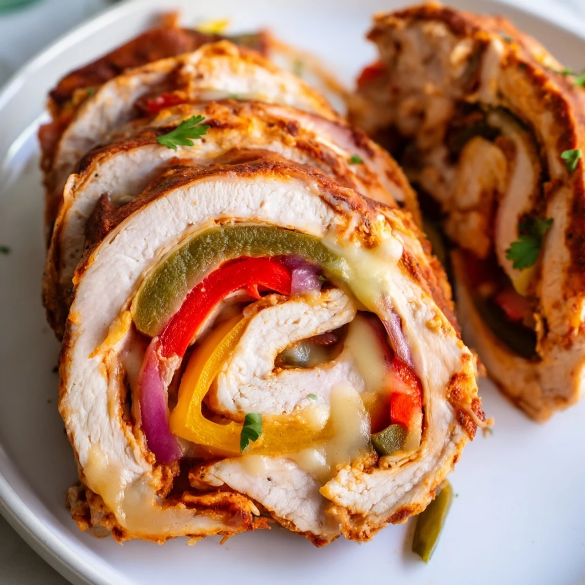 Tender baked chicken fajita roll ups sliced open revealing gooey Monterey Jack and sautéed tri-color peppers